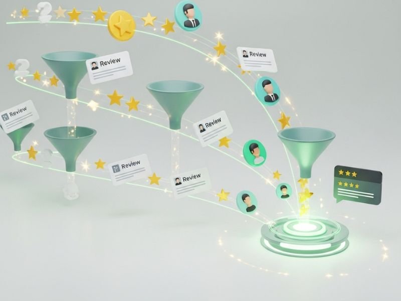 Branded review funnels guiding customers to leave feedback