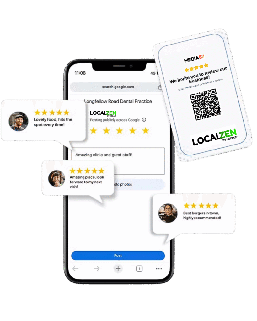 LocalZen kiosk mode — scan QR, rate experience, smart filter to Google reviews